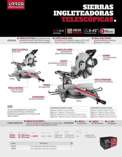 Sierra de inglete telescópica 10" 2100 W, Urrea SI910A