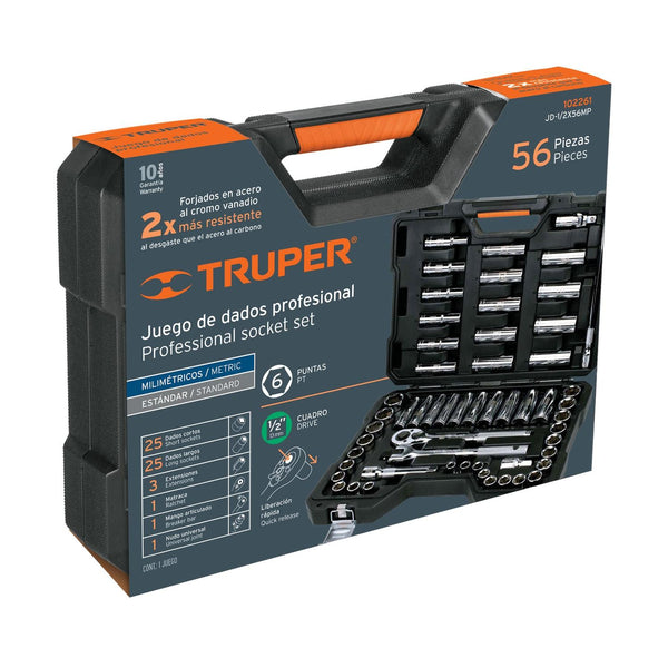 Juego de 56 herramientas cuadro 1/2' std y mm para mecánico, Truper 102261