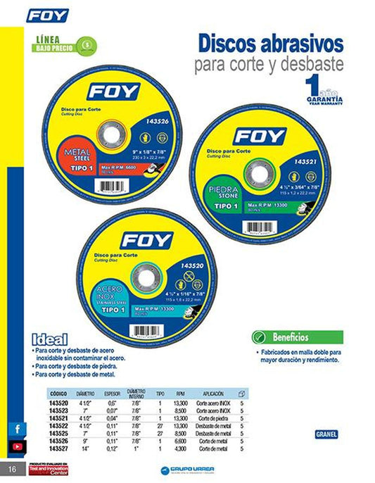 Disco t/1 inox 4-1/2"x1.6mm Foy 143520