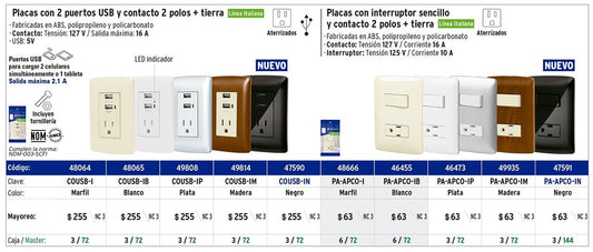 Placa armada contacto e interruptor, negro, línea Italiana Volteck 47591