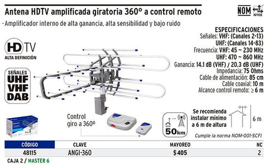 Antena aérea para tv, giratoria 360 grados a control remoto 48115