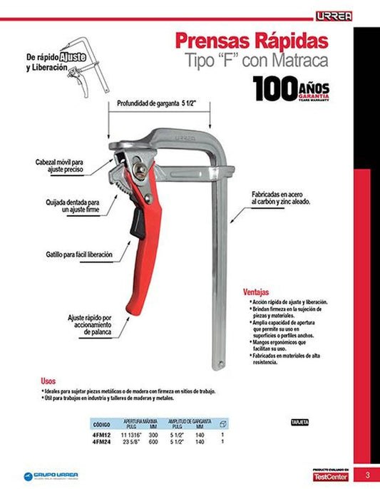 Prensa rápida o tipo "F" con matraca 23 1/2" x 5 1/2" Urrea 4FM24