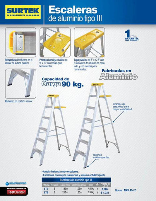 Surtek Escalera de aluminio tipo tijera, 5 peldaños, 1.83mt ET5