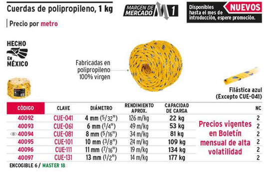 Cuerda torcida de polipropileno, amarilla, 13mm, 14m 40097