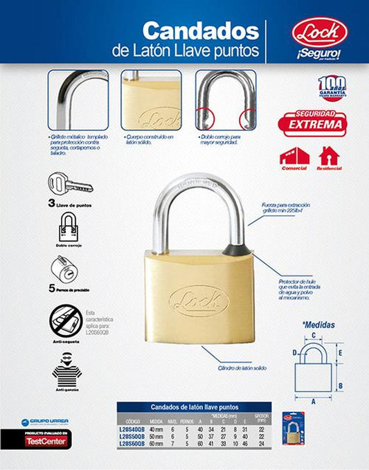 Candado para cortina de latón llave de puntos 40mm Lock L20S40QB