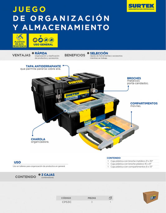 Juego de cajas portaherramientas plásticas, 3 piezas, Surtek CPS3C