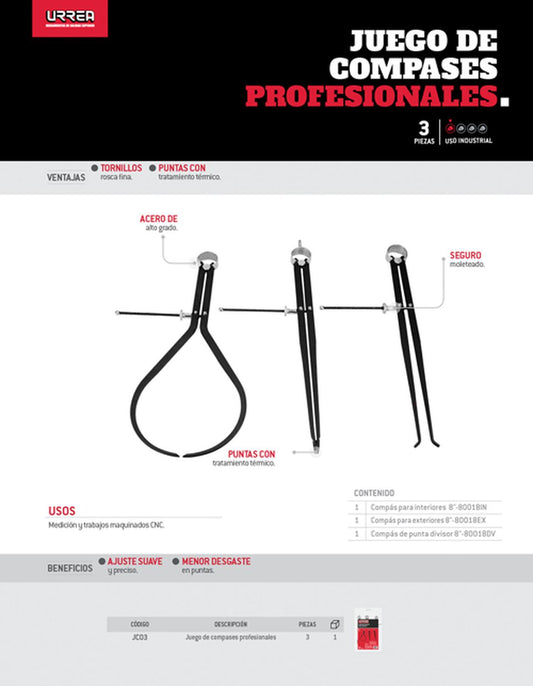 Juego de compases profesionales 8", 3 piezas Urrea JCO3