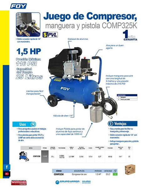 Compresor de aire de 25 litros 1,5 HP Foy COMP325K