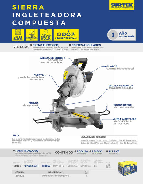Sierra de inglete compuesta 10" 1800 W, Surtek SI410B
