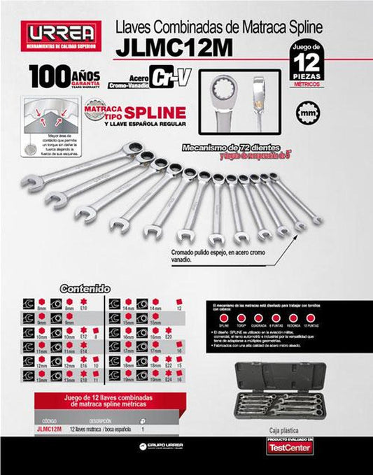 Juego de 12 llaves de matraca spline métricas Urrea JLMC12M