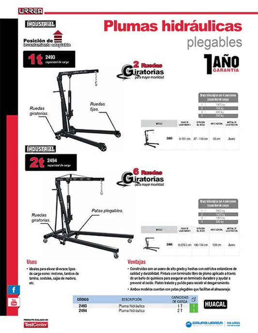 Pluma Hidráulicas 2 toneladas Plegable Urrea 2494