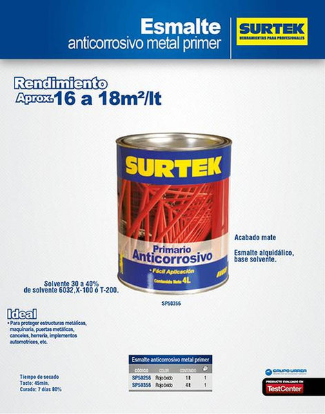 Esmalte primario anticorrosivo rojo óxido 4lt Surtek SP50356