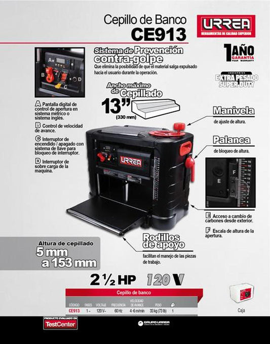 Cepillo de banco 13" 2.5HP 120V uso extra pesado Urrea CE913