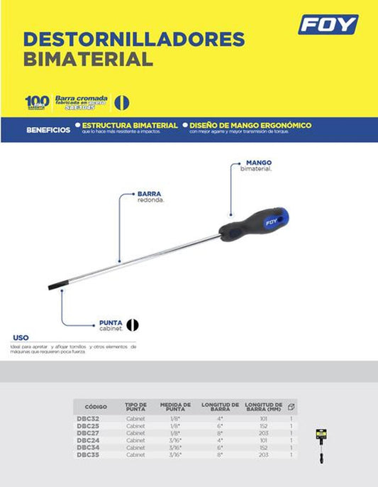 Destornillador bimaterial cabinet 1/8"x8" Foy DBC27