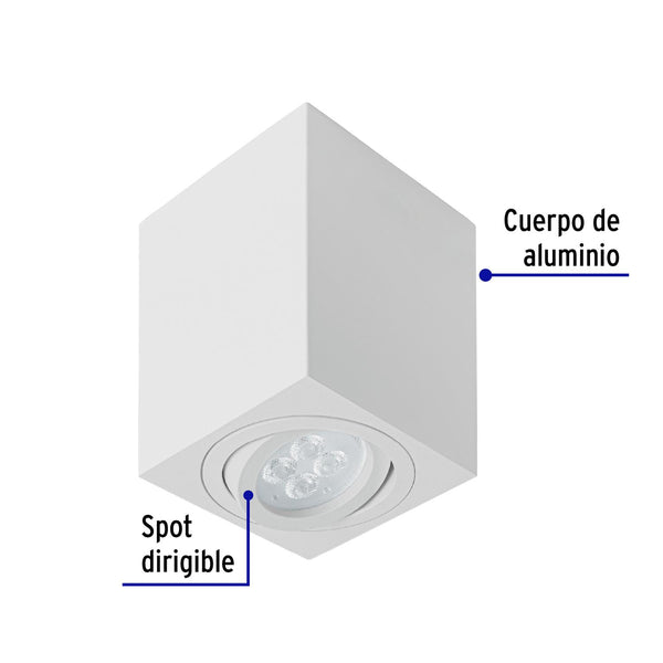 Luminario de sobreponer c/spot dirigible, cuadrado, blanco, Volteck 49720