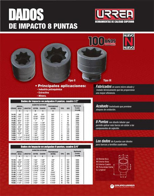Dado de impacto 3/4" 8 puntas 3/4" Urrea 7512S