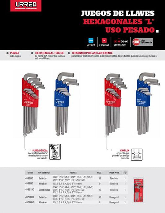 Jgo 13 llaves hexagonales L pulgadas uso Pesado Urrea. 4972RHD