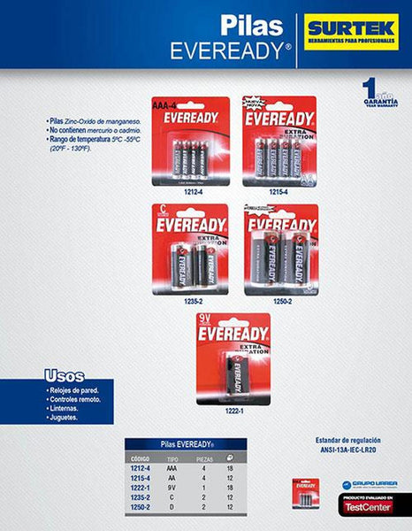 Pila alcalina marca Eveready® D con 2 piezas Surtek 1250-2
