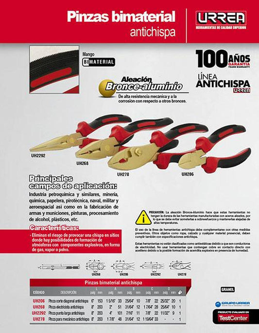 Pinza electricista antichispa 8" Urrea UH268