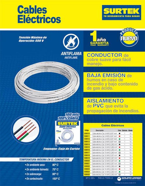 Cable eléctrico tipo THW-LS/THHW-LS Cal.14 100mt rojo Surtek 136923