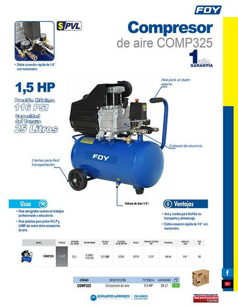 Compresor de aire con capacidad de 25 1,5 HP Foy COMP325