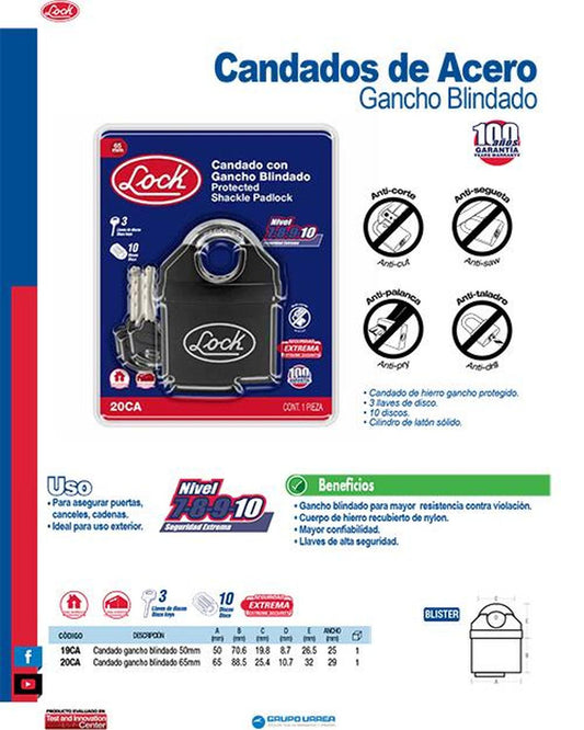 Candado gancho blindado 65mm Lock 20CA