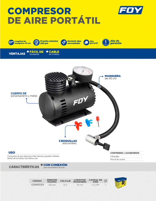 Compresor de aire 250 PSI 12 V, Foy COM312V