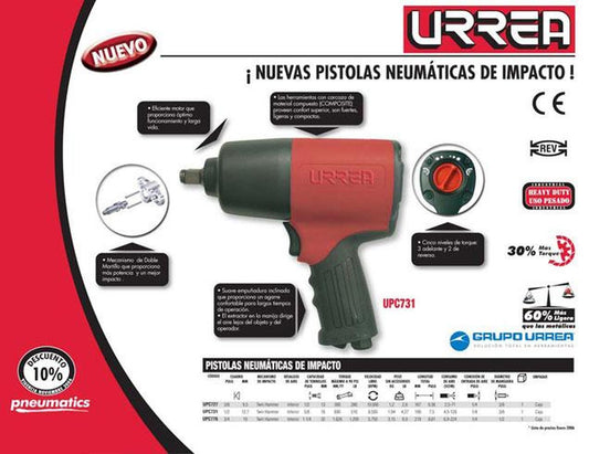 Pistola impacto neumática 1/2" 510ft-lb twin hammer Urrea UPC731