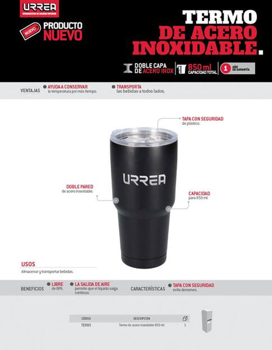 Termo de acero inoxidable, capacidad 850ml TER85 Urrea
