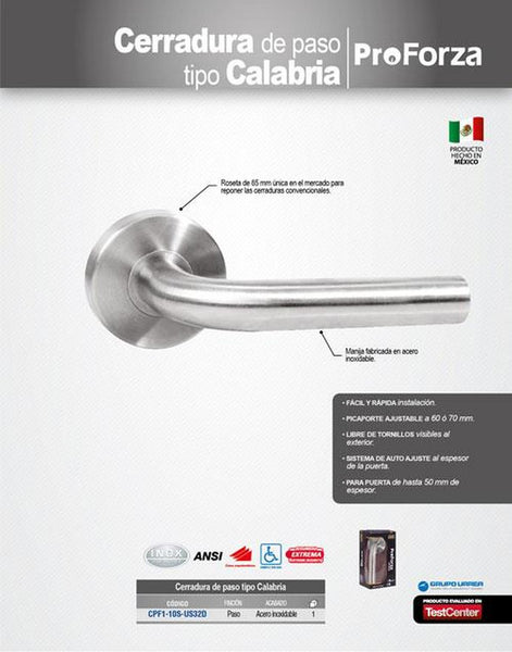 Cerradura de acero inoxidable de paso Calabria Proforza CPF1-10S-US32D