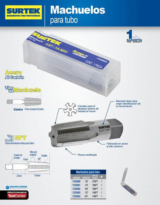 Machuelo de acero al carbón para tubo 1/8" - 27NPT Surtek 123880