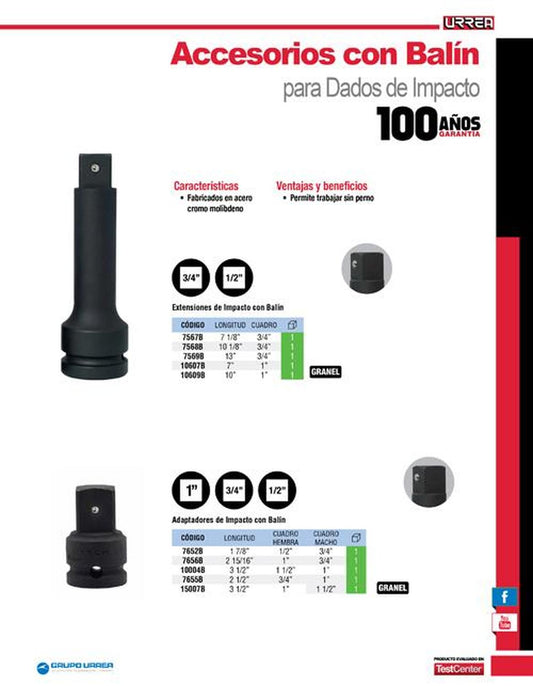 Adaptador de impacto 1/2" hembra x3/4" macho con balín Urrea 7652B