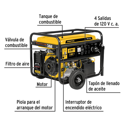 Generador eléctrico con motor a gasolina, 8,000W, Pretul 26036