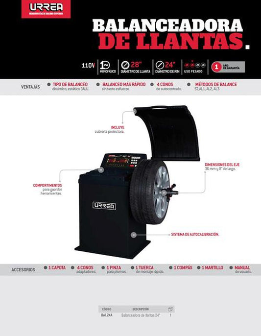 Balanceador llantas 10"-24" D. rin, 10"-28" D, 110 V - 60 Hz Urrea. BAL24A