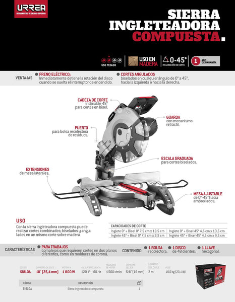 Sierra de inglete compuesta 10" 1800 W, Urrea SI810A