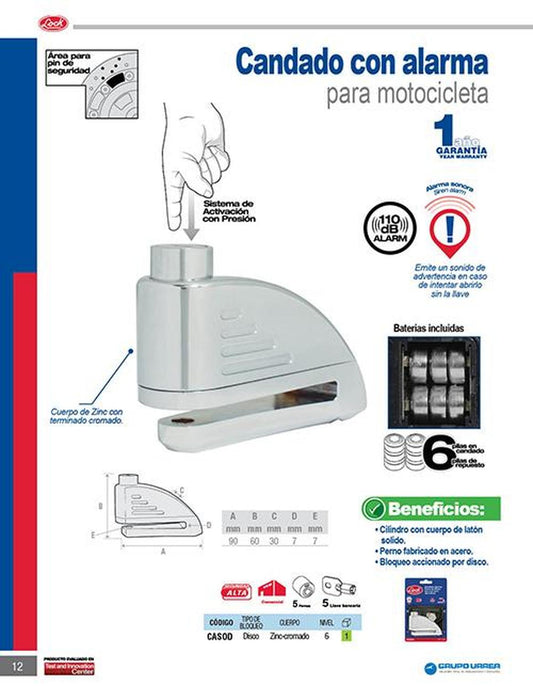 Candado con alarma para freno de discos de motocicleta Lock CASOD