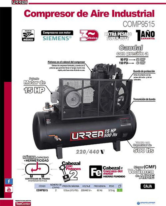 Compresor de aire industri 500lt 15HP 220/440V 3 fases Urrea COMP9515