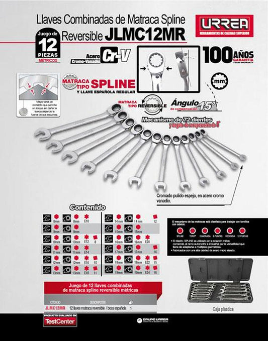 Juego 12 llaves de matraca reversible spline métricas Urrea JLMC12MR