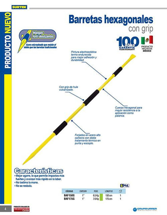 Barreta hexagonal con grip de 1" x 1.75 m Surtek BAF175G