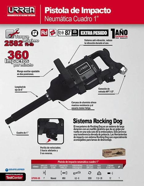 Pistola de impacto neumática 1" 2582ft-lb rocking dog Urrea UP898-6B