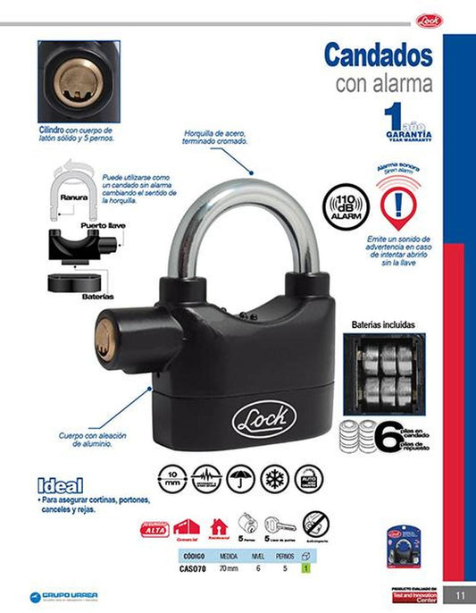 Candado con alarma sonora 70MM Lock CASO70