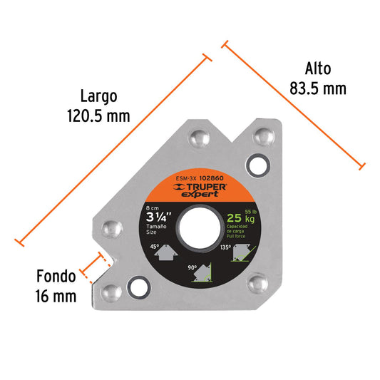 Escuadra magnética 3" para soldar, capacidad 25 kg, Truper 102860