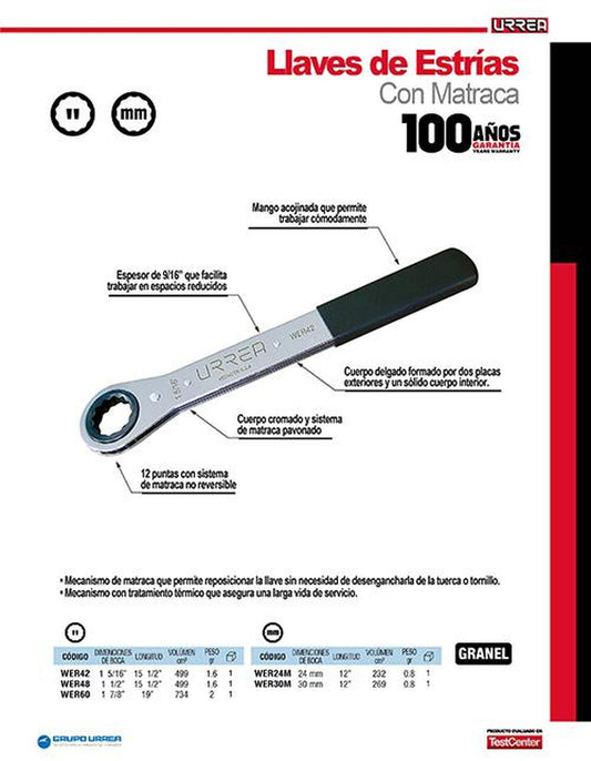 Llave de estrías de matraca uso pesado 1-7/8 Urrea WER60