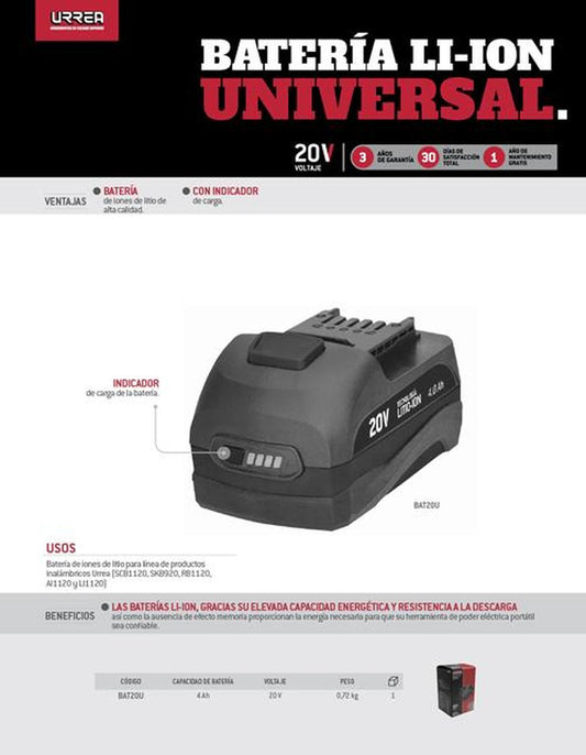 Batería universal Urrea LI-ION de 4.0 Ah, voltaje de 20 V para las máquinas RB1120, LI1120, AI1120,