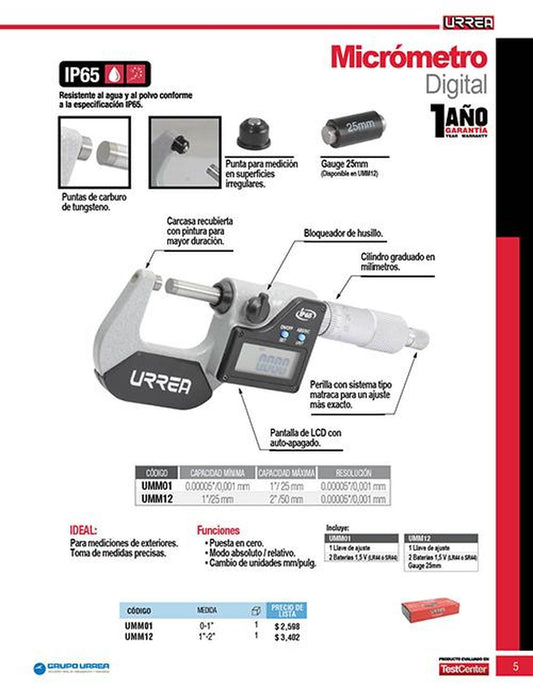 Micrómetro digital 1-2" Urrea UMM12