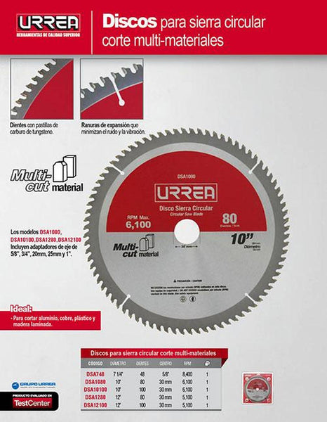 Disco sierra circular para aluminio 10" 80 dientes Urrea DSA1080