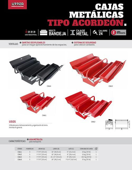 Caja portaherramientas metálica tipo acordeón 16" 3 capas Urrea CMA2