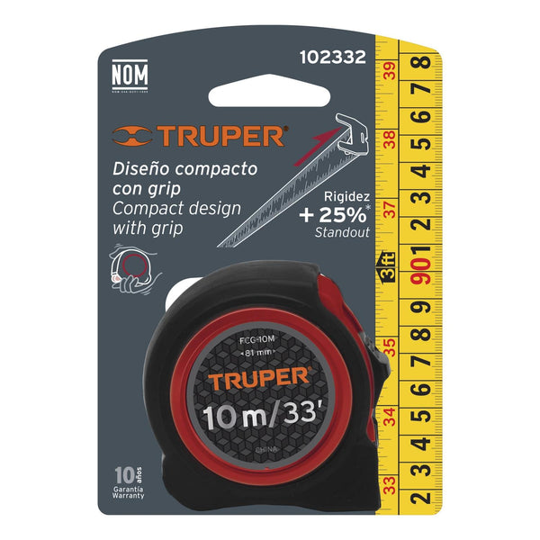 Flexómetro compacto 10 m con grip, cinta 25 mm, Truper 102332