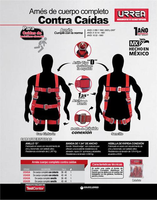 Arnés contra caídas sencillo talla 36-40 Urrea USA3A