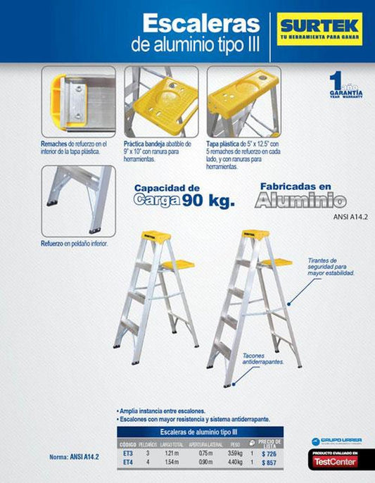 Surtek Escalera de aluminio tipo tijera, 4 peldaños, 1.54mt ET4